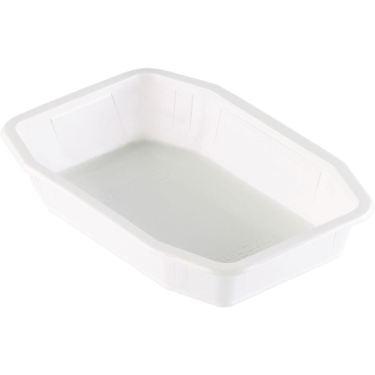 La coque PP HMR blanche PP 215x148 de Duni GmbH est une coque rectangulaire blanche simple avec un bord légèrement surélevé, représentée sur un fond blanc.