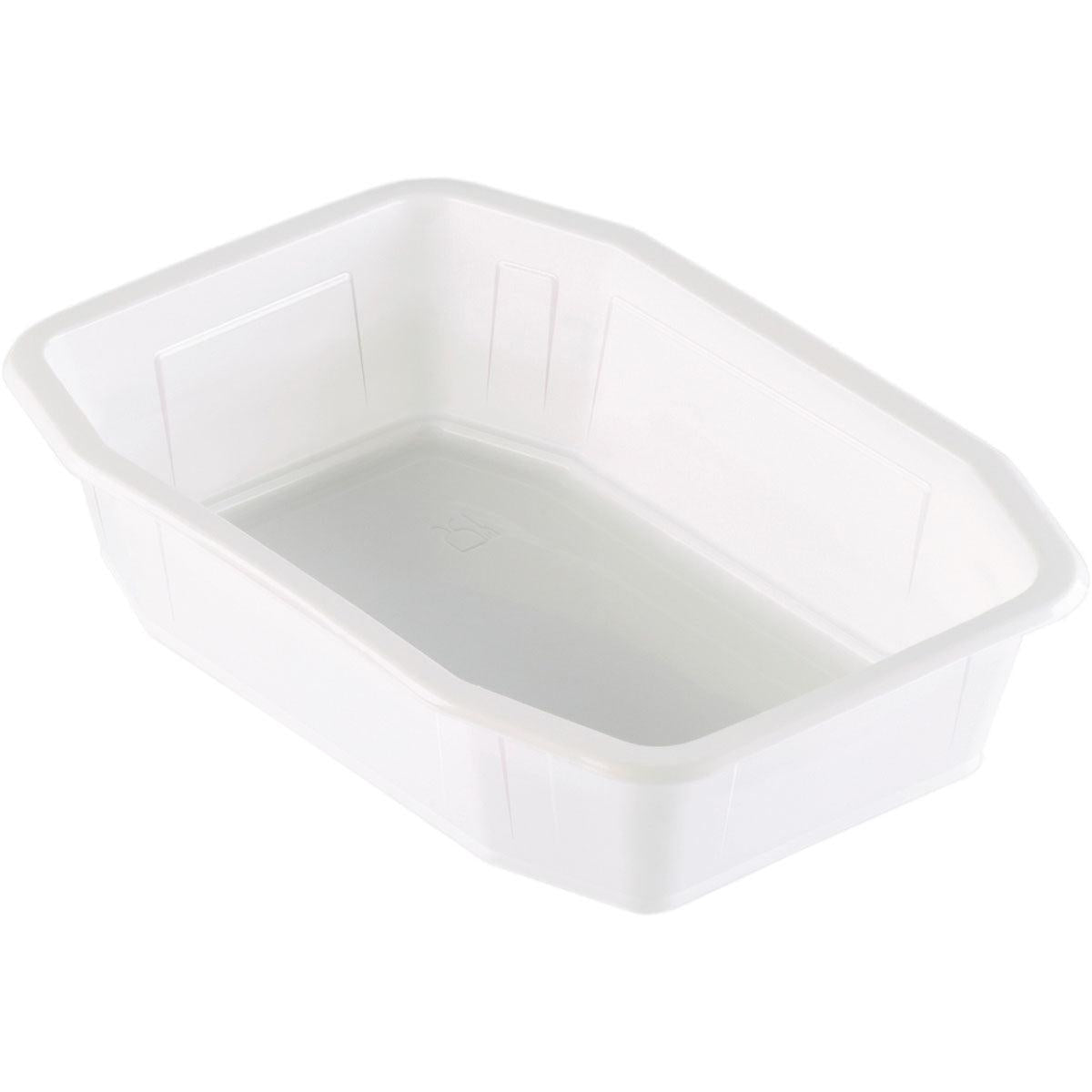 La coque PP HMR blanche PP 215x148 de Duni GmbH est un récipient rectangulaire blanc avec des côtés légèrement inclinés et un fond plat. Sur la photo, il apparaît vide devant un fond blanc.