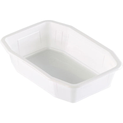 La coque PP HMR blanche PP 215x148 de Duni GmbH est un récipient rectangulaire blanc avec des côtés légèrement inclinés et un fond plat. Sur la photo, il apparaît vide devant un fond blanc.