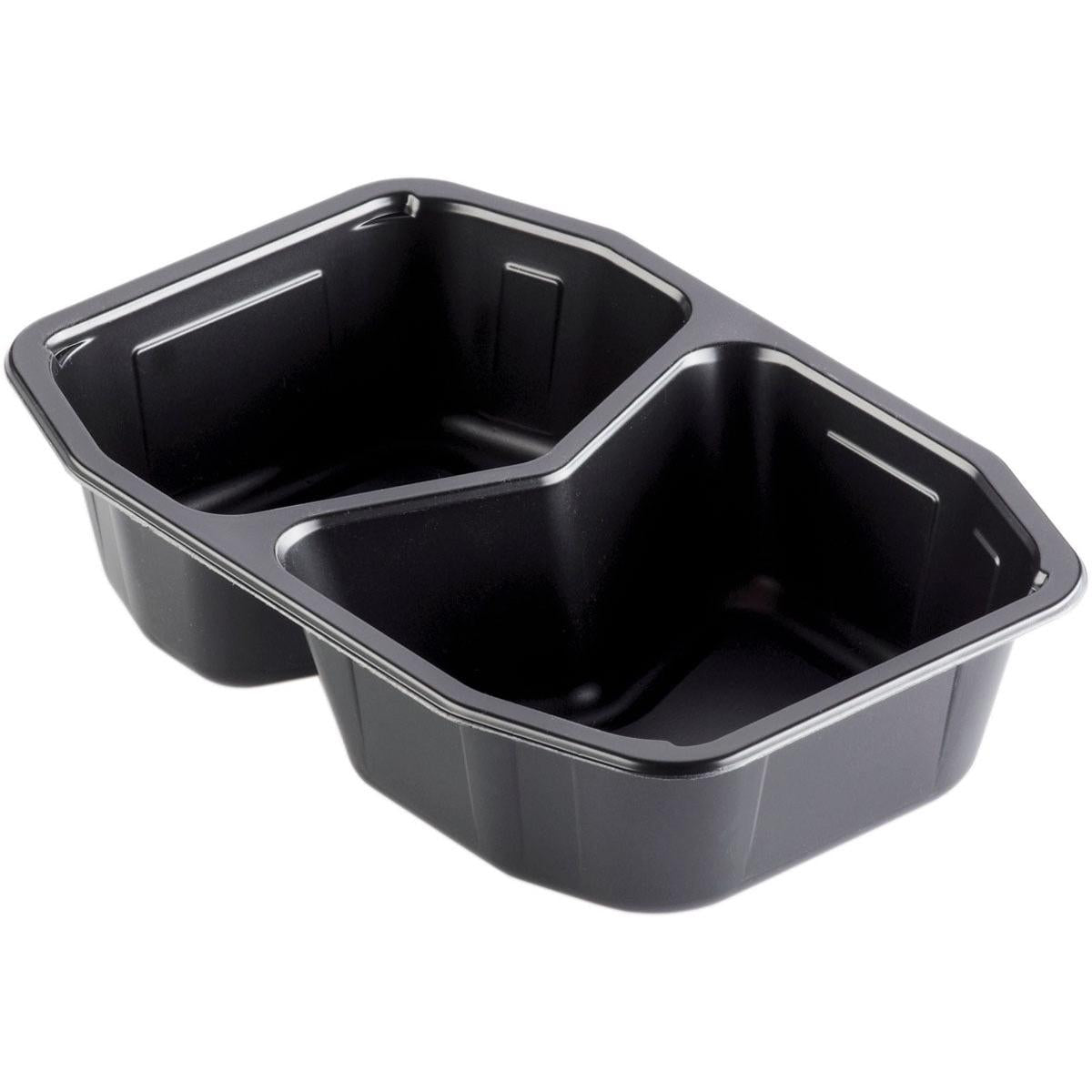 Le Duni GmbH PP-Schale HMR 2 Noir PP 215x148x50, un récipient alimentaire à deux compartiments noir (paquet : 312 pièces), convient au micro-ondes et est idéal comme emballage de restauration pour le stockage et le service polyvalents des aliments.