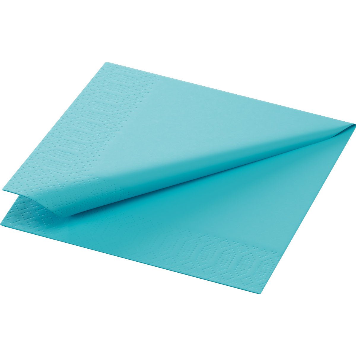 Une serviette de table en papier de 24x24 cm, 3 plis, couleur bleu menthe de Duni GmbH montre son motif de bordure gaufré sur un fond blanc. Chaque paquet contient 250 serviettes.