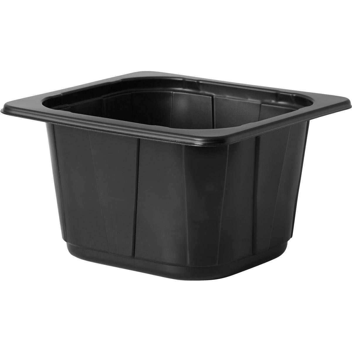 Die Duni GmbH PP Schale 1/6 GN Schwarz (176x162x100 mm) ist ein schwarzer, rechteckiger PP-Behälter mit nach außen abgeschrägten Seiten und breitem Rand - ideal für die Gastronomie oder das Catering -, der in Packungen zu 300 Stück erhältlich ist. Abgebildet auf weißem Hintergrund.