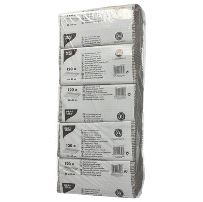 Un emballage transparent de la PAPSTAR GmbH contient six piles de papier essuie-mains pliage C naturel, 1-couche (50x25 cm) avec l'inscription "120 feuilles" en papier recyclé à 100% et une information produit multilingue sur l'emballage.