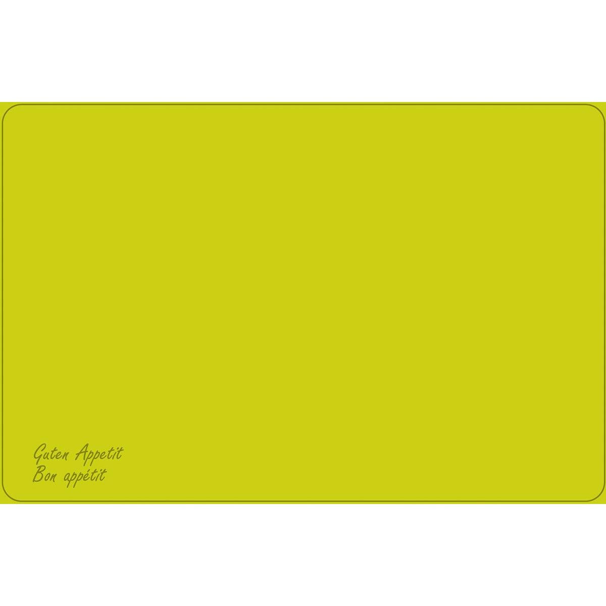 Les sets de table Dunicel de Duni GmbH (norme Vesca), au format 33 x 48 cm, se présentent sous la forme d'un simple rectangle jaune bordé d'une fine bordure noire, aux coins arrondis, avec les inscriptions « Guten Appetit » et « Bon appétit » en cursive en bas à gauche ; le reste est vierge.