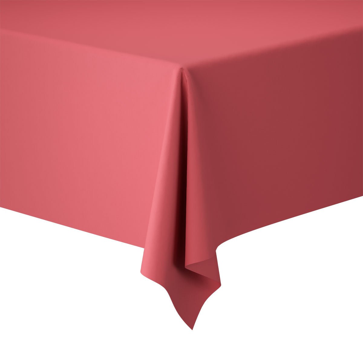 Gros plan sur une table rectangulaire drapée d'une nappe Evolin unie rose (127 x 220 cm) de Duni GmbH, qui pend proprement sur les bords et se tient devant un fond blanc.
