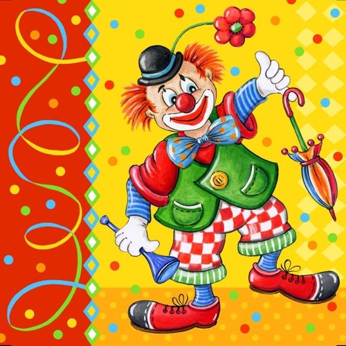Un clown de dessin animé avec des cheveux orange, un nez rouge et des vêtements colorés tient un parapluie et un klaxon devant un fond coloré - idéal pour PAPSTAR 20 serviettes, 33 cm x 33 cm, 3-plis, Design Set 5 de PAPSTAR GmbH.