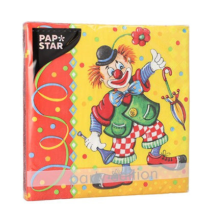Une serviette colorée à 3 plis de PAPSTAR GmbH 20 serviettes, 33x33 cm Set 5, avec un clown de dessin animé sur un fond à pois jaunes.