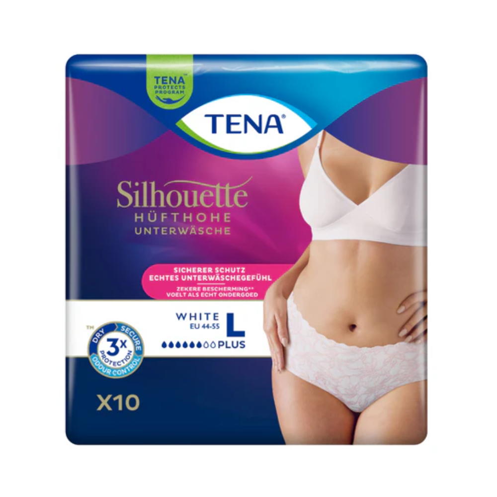 Eine Packung TENA Silhouette Plus White Inkontinenzpants, Größe L, von TENA – Essity Germany GmbH, zeigt eine Frau, die das Produkt präsentiert. Die lila-blaue Verpackung in deutscher Sprache weist auf Blasenschwäche-Schutz hin und enthält 10 Stück.