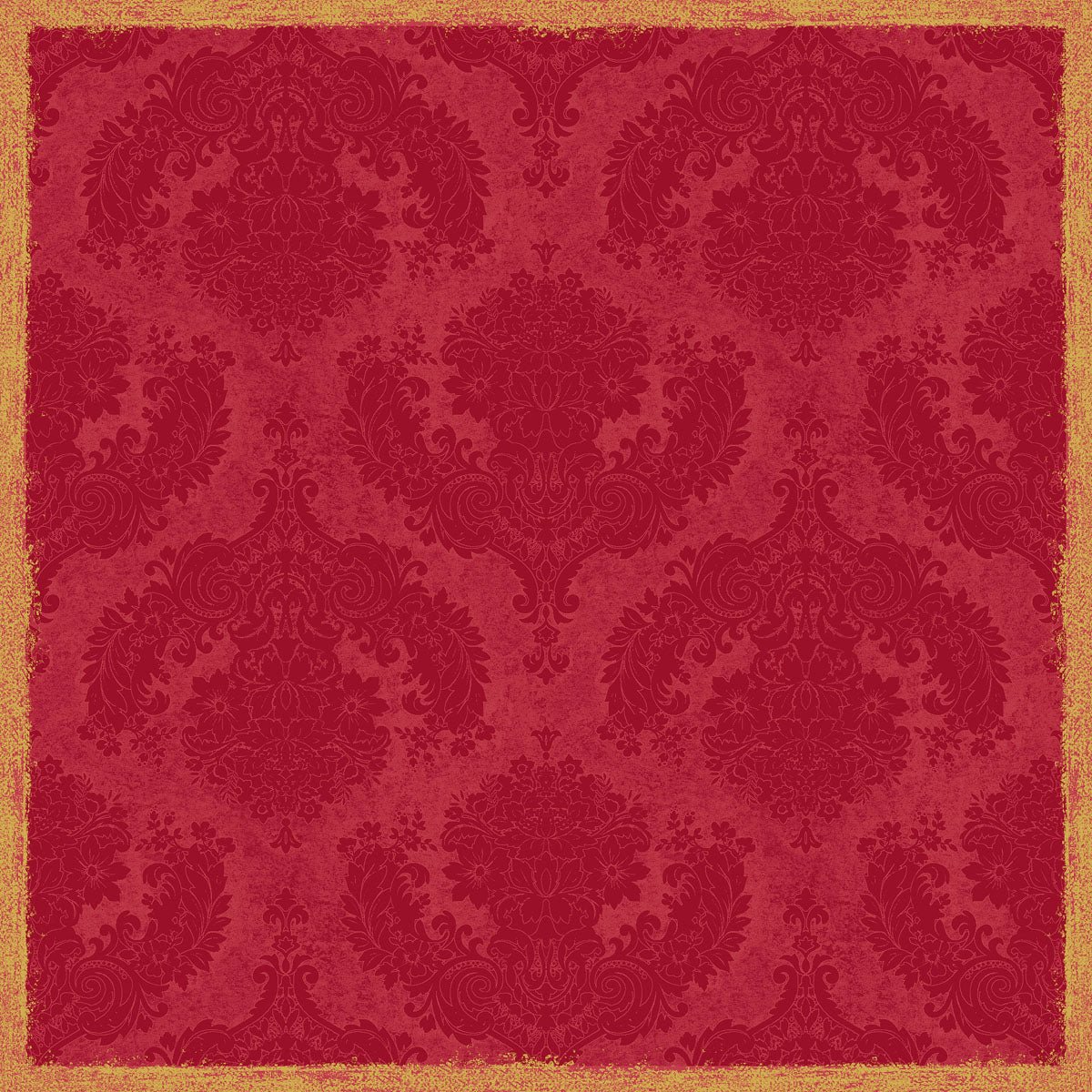 La nappe Dunisilk+ 84x84 cm en Royal Bordeaux de Duni GmbH présente un design damassé vintage rouge avec une bordure dorée texturée et des motifs floraux ornés. Elle est livrée en paquets de 20 pièces et est parfaite pour des décorations de table élégantes.