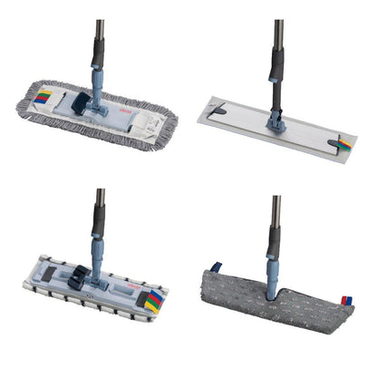 Le support de vadrouille en acier inoxydable Vileda Professional SprayPro de Vileda GmbH comprend quatre types de vadrouilles plates avec des tampons de nettoyage uniques et de longues poignées. Deux vadrouilles du système de nettoyage des sols ont des bords frangés, d'autres sont lisses; toutes disposent de têtes de vadrouille amovibles pour un nettoyage polyvalent.