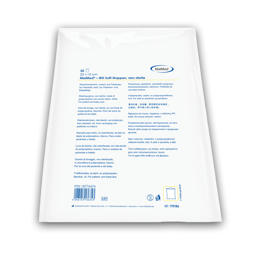 Gant de lavage MaiMed à picots souples, non stériles blanc, en polaire, 50 pièces/sac en polyéthylène | Paquet (50 pièces)