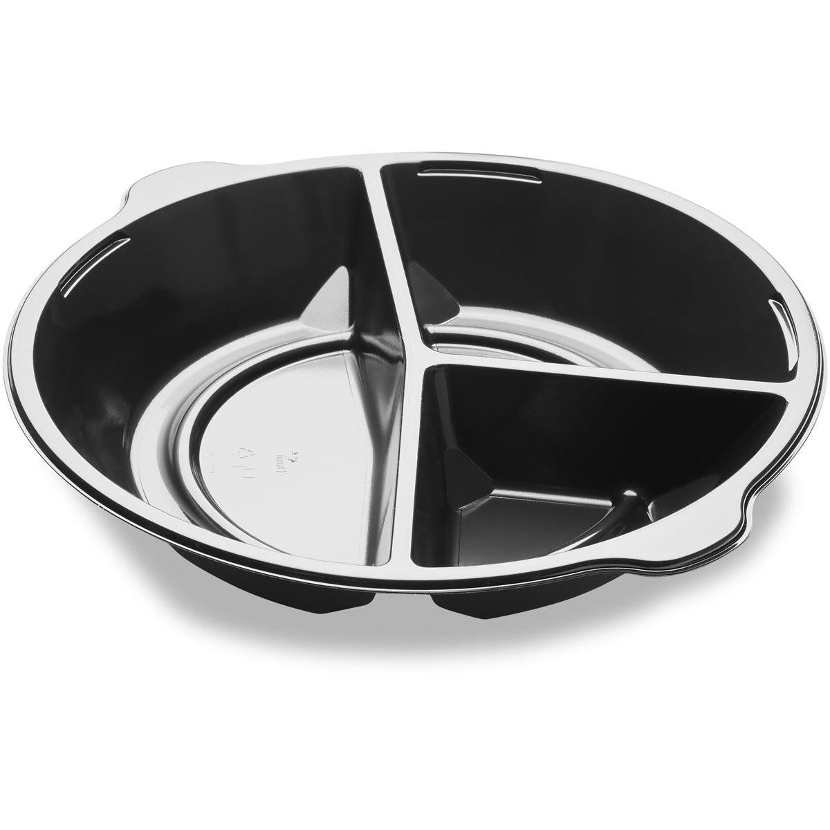 L'assiette DF Pearl L3 - 3 compartiments 3 Noir PP Ø250x42 de Duni GmbH a trois compartiments, un bord surélevé et une surface brillante. Vendue en paquets de 300 pièces.