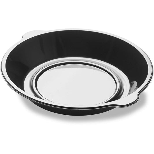 Die DF Pearl L1 - 1-geteilt 1 Schwarz PP Ø250x42 Schale der Duni GmbH ist eine runde, flache Schale mit kleinem Rand, perfekt für die Gastronomie. Sie wird in Packungen zu 350 Stück geliefert und ist auf weißem Hintergrund fotografiert.