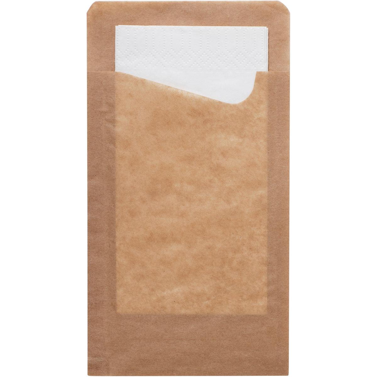Der Snack Sacchetto mit weißer 2-lg. Serviette von Duni GmbH ist ein brauner Papierbeutel, aus dessen oberem Rand eine weiße Serviette herausragt - praktisch und umweltfreundlich.