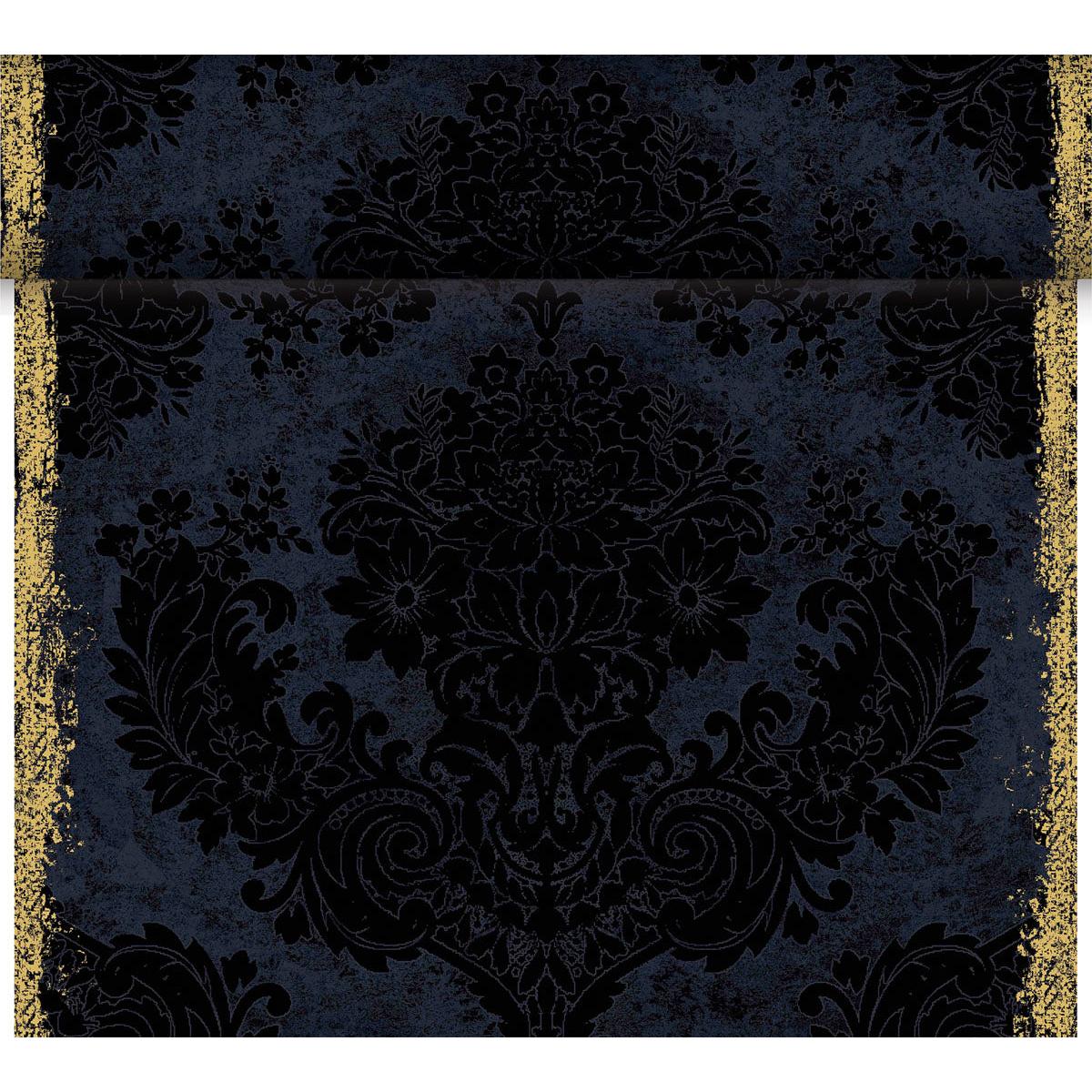 Le chemin de table Dunicel Tête-à-Tête de Duni GmbH (24 m x 0,4 m, 20 sections) présente un motif floral damassé bleu foncé et noir avec des bordures verticales dorées scintillantes et une touche vintage - idéal pour des tables élégantes.