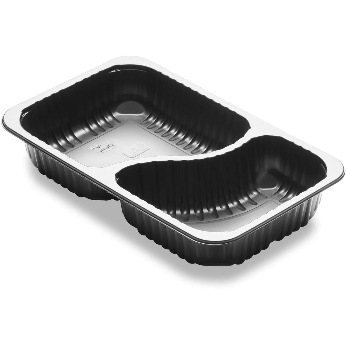 La Duni GmbH Menüschale 2-comp 2 Schwarz PP/MIN 260x158x43,7 avec deux compartiments séparés est présentée sur un fond blanc et est idéale pour l'emballage des repas (Paquet : 384 pièces).