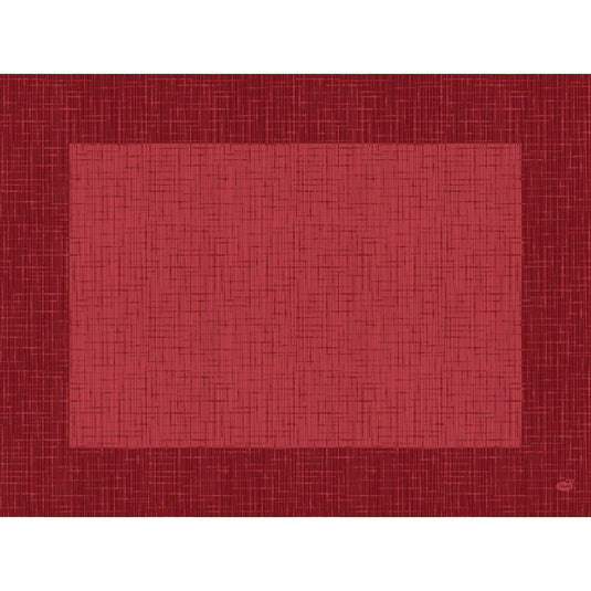 Ein rotes Quadrat mit einem strukturierten, gitterähnlichen Muster ist auf einem dunkelroten Hintergrund zentriert. Beides erinnert an den gewebten Look der Dunicel-Tischsets 30 x 40 cm Linnea bordeaux der Duni GmbH (Packung 500 Stück).