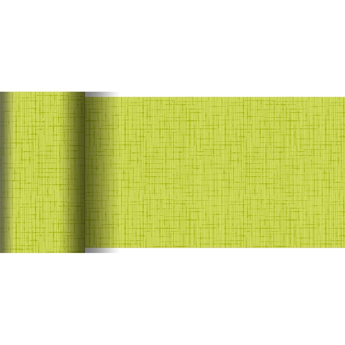 Un papier peint partiellement déroulé, vert clair avec un motif croisé subtil, ressemble au chemin de table Dunicel 20 m x 15 cm de Duni GmbH et est parfait pour des décorations de table créatives grâce à sa texture tissée semblable au lin.