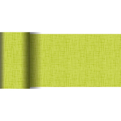 Un papier peint partiellement déroulé, vert clair avec un motif croisé subtil, ressemble au chemin de table Dunicel 20 m x 15 cm de Duni GmbH et est parfait pour des décorations de table créatives grâce à sa texture tissée semblable au lin.