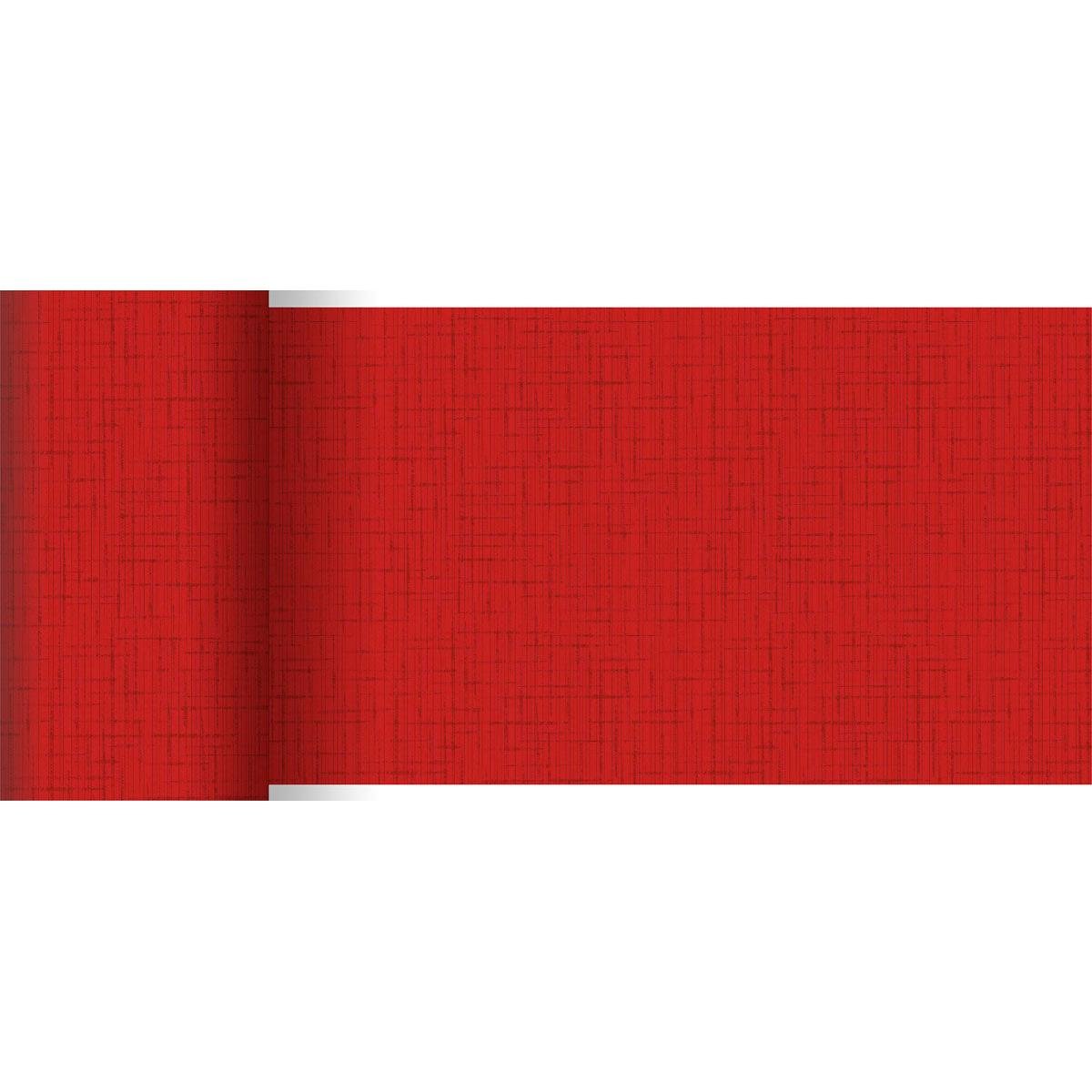Un rouleau de chemin de table Dunicel rouge (20 m x 15 cm) de Duni GmbH se distingue par un motif de lignes croisées discret et un aspect texturé, avec le bord gauche légèrement enroulé - parfait pour une décoration de table élégante.