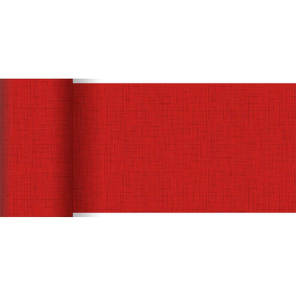 Un rouleau de chemin de table Dunicel rouge (20 m x 15 cm) de Duni GmbH se distingue par un motif de lignes croisées discret et un aspect texturé, avec le bord gauche légèrement enroulé - parfait pour une décoration de table élégante.