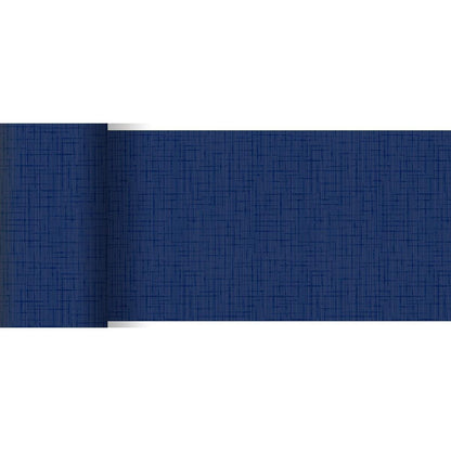 Le chemin de table Dunicel 20 m x 15 cm de Duni GmbH présente un motif texturé en grille de couleur bleu foncé - parfait pour une décoration de table élégante ou une utilisation créative, ici partiellement déroulé sur fond blanc.