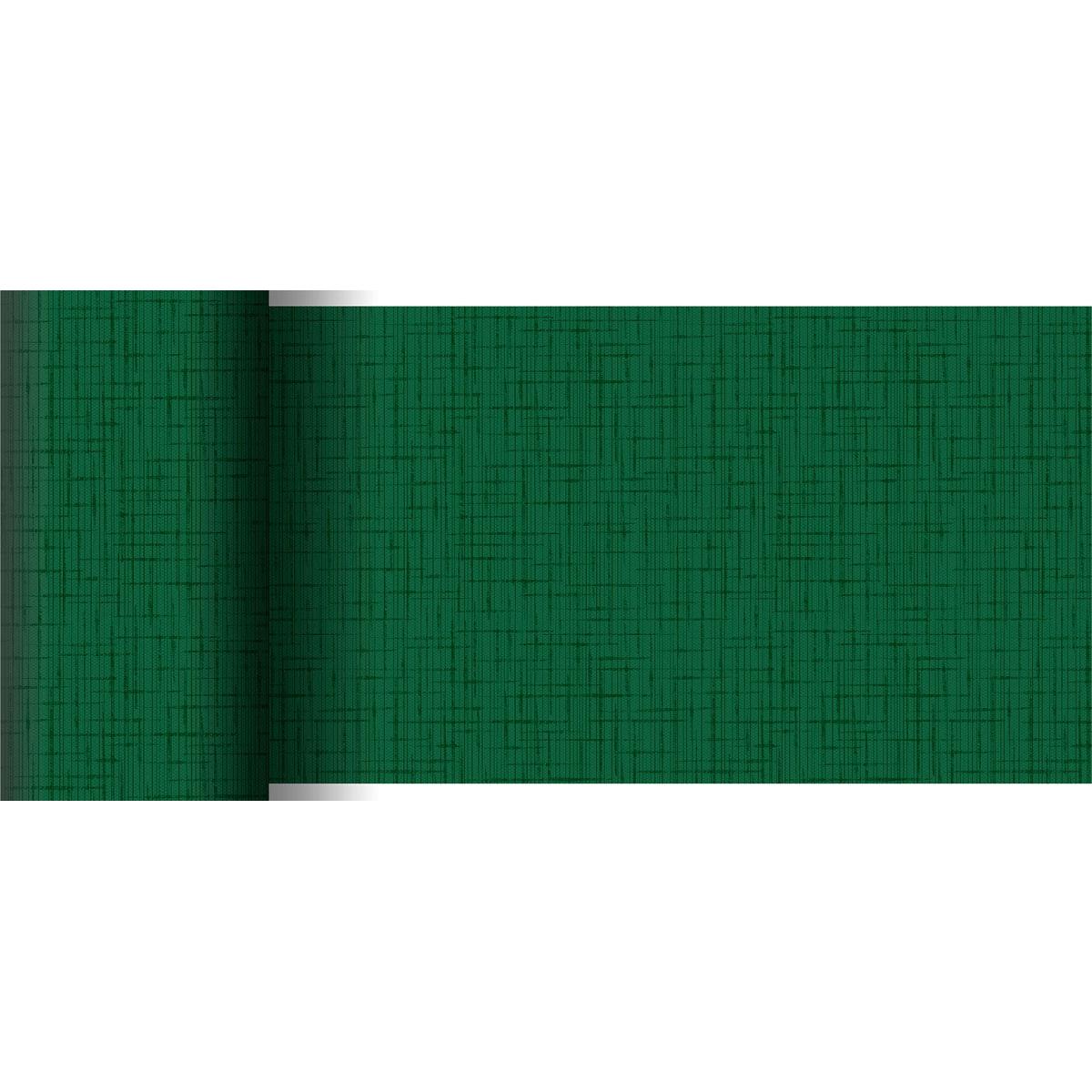 Un chemin de table Dunicel 20 m x 15 cm partiellement déroulé de Duni GmbH en vert montre sa fine structure en grille sur fond blanc, ce qui le rend parfait pour une décoration de table élégante.