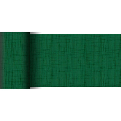Un chemin de table Dunicel 20 m x 15 cm partiellement déroulé de Duni GmbH en vert montre sa fine structure en grille sur fond blanc, ce qui le rend parfait pour une décoration de table élégante.