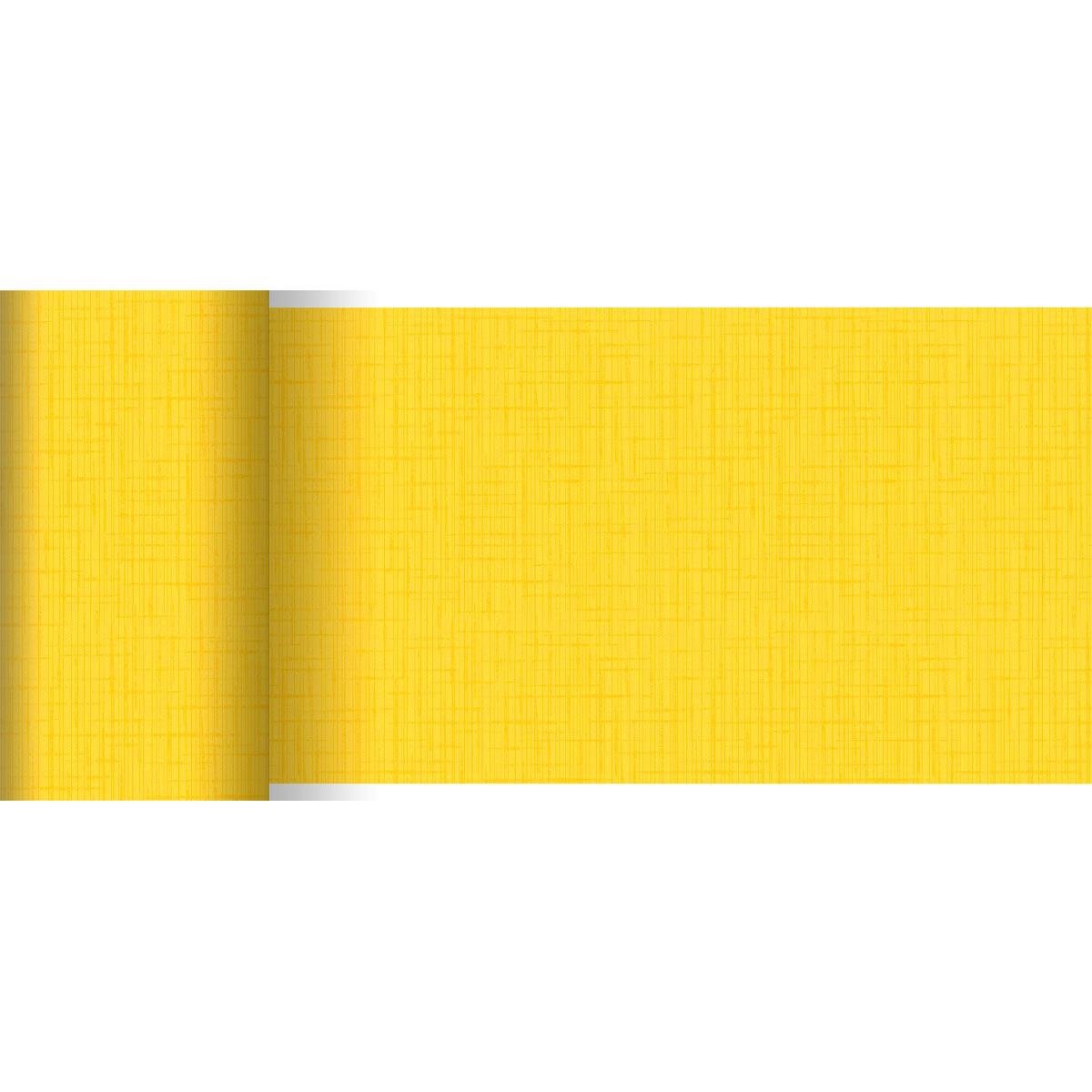 Un rouleau de chemin de table Dunicel 20 m x 15 cm de Duni GmbH en jaune avec une structure en grille discrète et une finition mate est partiellement déroulé sur fond blanc. Idéal pour des décorations de table avec des lignes croisées délicates.