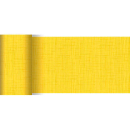 Un rouleau de chemin de table Dunicel 20 m x 15 cm de Duni GmbH en jaune avec une structure en grille discrète et une finition mate est partiellement déroulé sur fond blanc. Idéal pour des décorations de table avec des lignes croisées délicates.