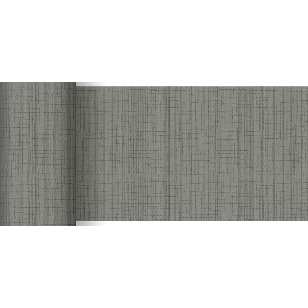 Un rouleau de papier peint gris avec un motif en grille discret complète le chemin de table Dunicel 20 m x 15 cm de Duni GmbH, partiellement déroulé sur fond blanc - parfait pour une décoration de table élégante.