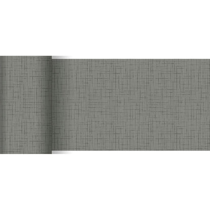 Un rouleau de papier peint gris avec un motif en grille discret complète le chemin de table Dunicel 20 m x 15 cm de Duni GmbH, partiellement déroulé sur fond blanc - parfait pour une décoration de table élégante.