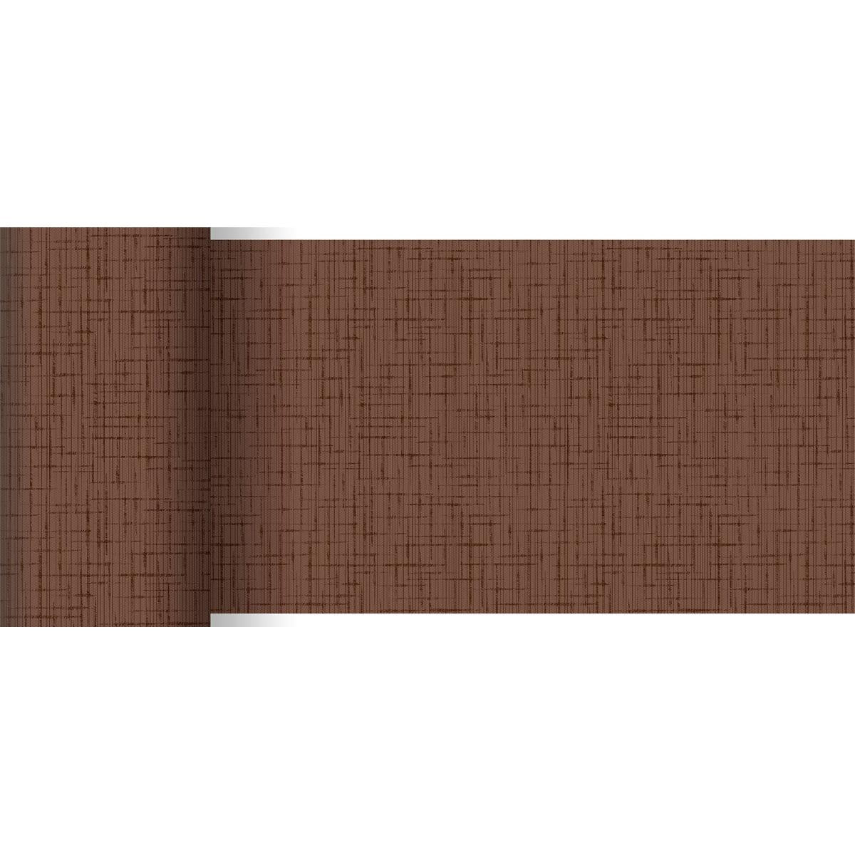 Le chemin de table Dunicel 20 m x 15 cm de Duni GmbH est un chemin de table brun avec une structure et un motif en grille et en hachures croisées discrets, partiellement déroulé sur fond blanc - idéal pour une décoration de table élégante.