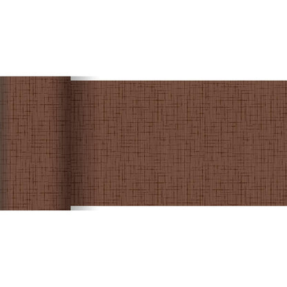 Le chemin de table Dunicel 20 m x 15 cm de Duni GmbH est un chemin de table brun avec une structure et un motif en grille et en hachures croisées discrets, partiellement déroulé sur fond blanc - idéal pour une décoration de table élégante.