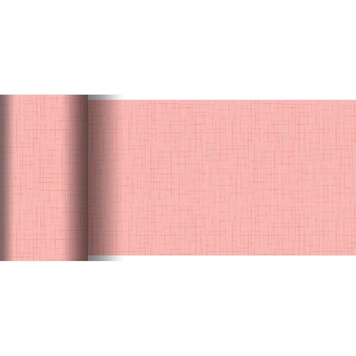 Le chemin de table Dunicel de Duni GmbH (20 m x 15 cm) en rose a un motif linéaire discret et un aspect de grille texturée - parfait pour une décoration de table créative. Les vues enroulée et déroulée sont montrées sur une surface plane.