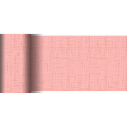 Le chemin de table Dunicel de Duni GmbH (20 m x 15 cm) en rose a un motif linéaire discret et un aspect de grille texturée - parfait pour une décoration de table créative. Les vues enroulée et déroulée sont montrées sur une surface plane.