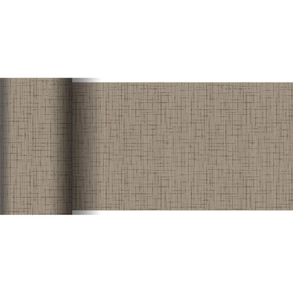 Un rouleau de chemin de table Dunicel 20 m x 15 cm de Duni GmbH avec une surface beige texturée et un motif discret de hachures croisées marron est partiellement déroulé sur fond blanc - idéal pour une décoration de table élégante.