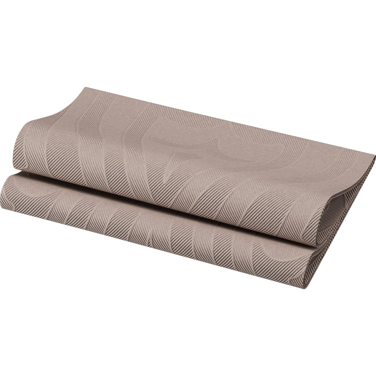 Une serviette d'élégance pliée de 40x40 cm en Lily Greige de Duni GmbH avec une structure brune et un motif linéaire subtilement ondulé est présentée comme une décoration de table de haute qualité (paquet de 40 serviettes) sur Blanc-Idéal.