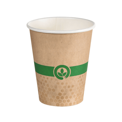 Le gobelet Duni Melli 240 ml de Duni GmbH (40 pièces, multicolore) en papier certifié FSC avec bande verte et motif discret en nid d'abeille - gobelet jetable écologique sur fond blanc.