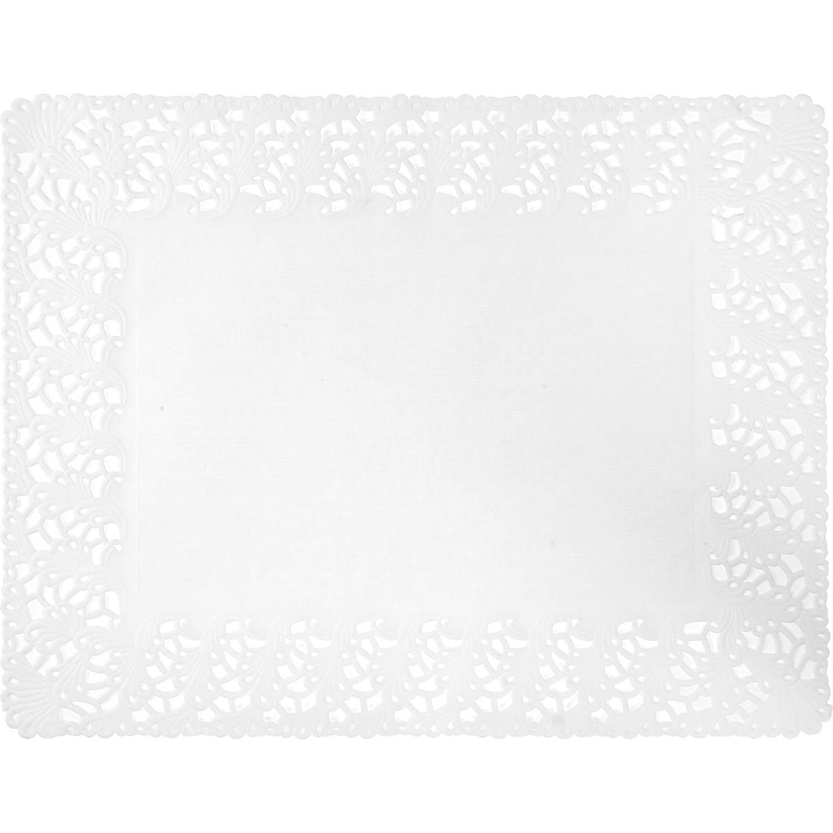 Un papier décoratif rectangulaire Duni GmbH 35x45 cm, blanc, avec une découpe de bordure ornementale et une partie centrale solide, idéal pour des décorations de table élégantes ou des présentations de gâteaux. Le paquet contient 250 napperons en papier de haute qualité pour l'artisanat.