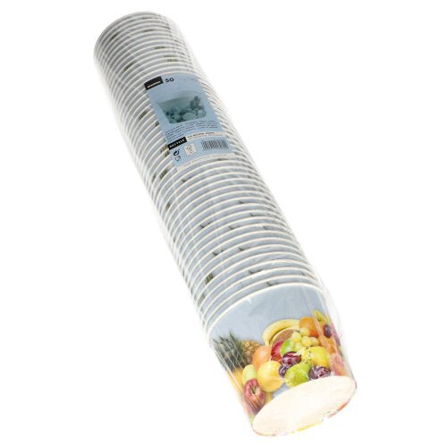 Un paquet de 50 gobelets à glace ronds jetables en papier de Starpak, chacun avec différentes images de fruits sur le côté, emballé dans du plastique.