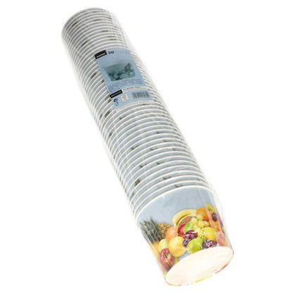 Un paquet de 50 gobelets à glace ronds jetables en papier de Starpak, chacun avec différentes images de fruits sur le côté, emballé dans du plastique.