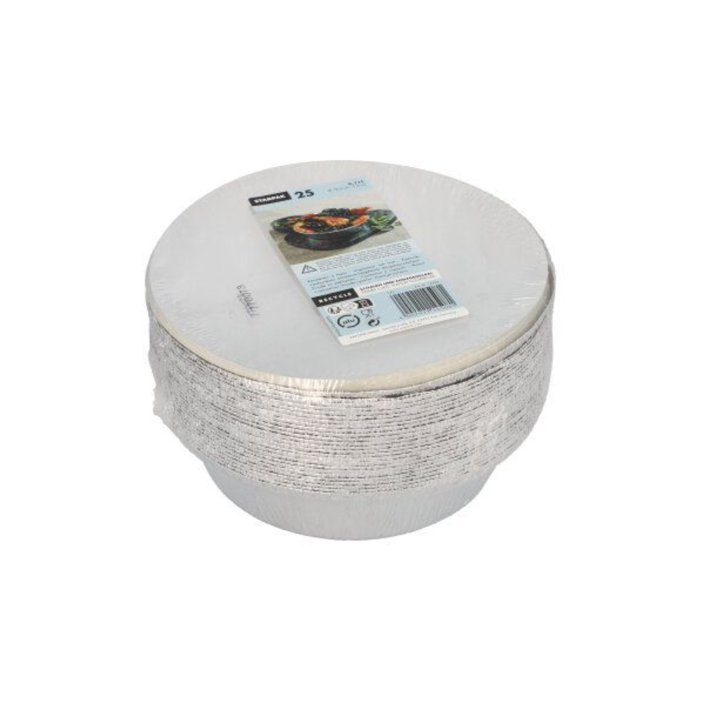 Une pile de plateaux Starpak 25, Alu + couvercle intérieur, revêtu de PP de Starpak - plateaux ronds jetables pour la restauration ou à emporter, emballés dans du plastique avec une étiquette sur le dessus contenant des informations sur le produit et une image d'aliment.