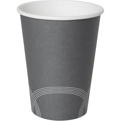 Der graue Circuit Kaffeebecher Bedruckt PAP/PE von Duni GmbH hat eine weiße Innenseite und eine einfache weiße, geschwungene Linie im unteren Bereich, die vor einem schlichten weißen Hintergrund steht.
