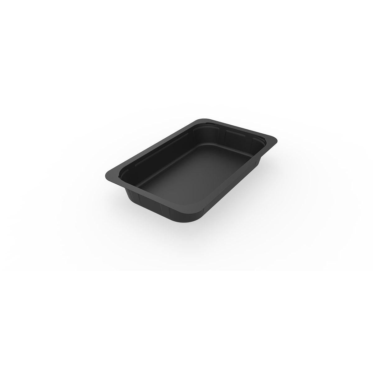 Un bol de service noir 1/4 GN de Duni GmbH (PP noir, 265x162x40 mm) avec des bords surélevés est représenté vide sur un fond blanc, vu de dessus - idéal pour une utilisation dans la restauration. Emballage : 225 pièces.