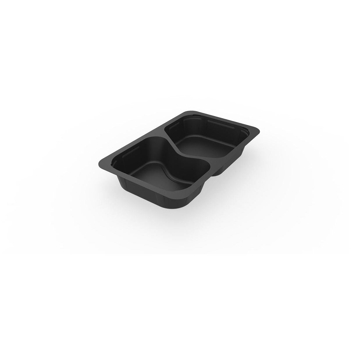 Une 1/4 GN Menüschalen 2 Noir PP/MIN (265x162x43 mm) de Duni GmbH avec deux compartiments arrondis, idéale pour une utilisation gastronomique, se trouve sur fond blanc. L'emballage contient 225 pièces.