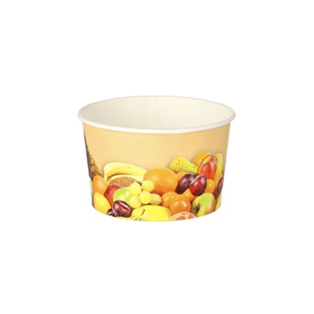 Un gobelet jetable rond en carton de Starpak de la collection « Fruits » avec une capacité de 125 ml, un diamètre de 8 cm et une hauteur de 4,8 cm. Il présente des motifs de fruits colorés comme des bananes, des raisins, des oranges et des pommes sur un fond beige. Le gobelet est vide et se trouve sur un fond blanc simple. Le produit est livré emballé sous film rétractable en ensembles de 200 pièces.