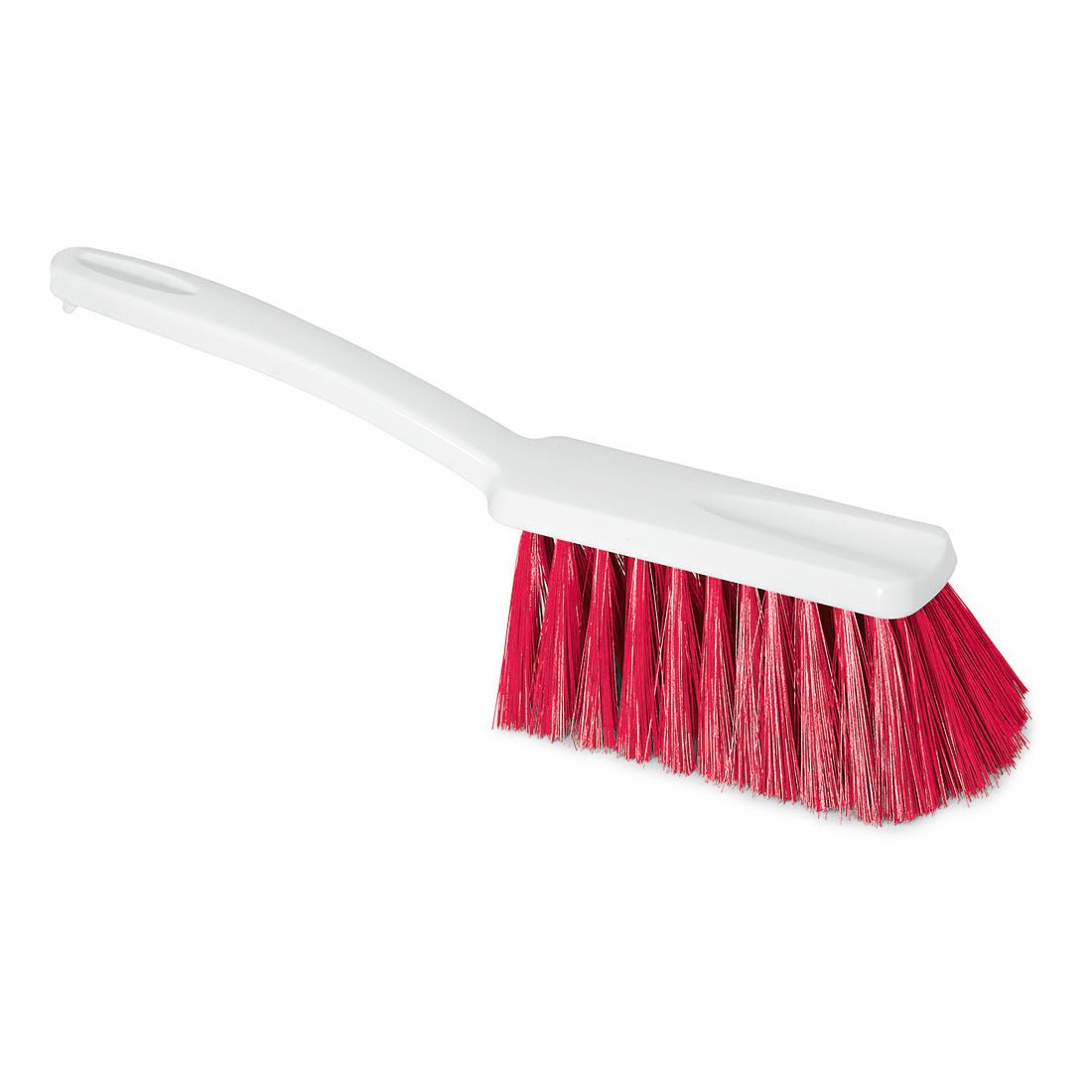 La brosse à main HACCP Nölle Profi Brush avec une épaisseur de poils de 0,25 mm de Nölle Profi Brush Bürsten- & Pinseltechnik e.K. avec un manche en plastique blanc et des poils rouges est posée sur un simple fond blanc.