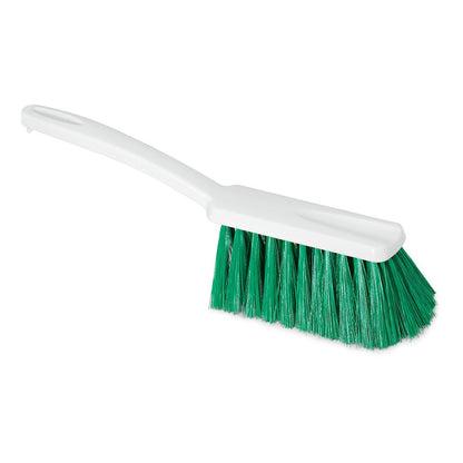 Une brosse à main HACCP Nölle Profi Brush avec une épaisseur de poils de 0,25 mm de Nölle Profi Brush Bürsten- & Pinseltechnik e.K. avec un manche blanc et des poils verts est visible sur un fond blanc, le manche a un trou rectangulaire pour l'accrocher.