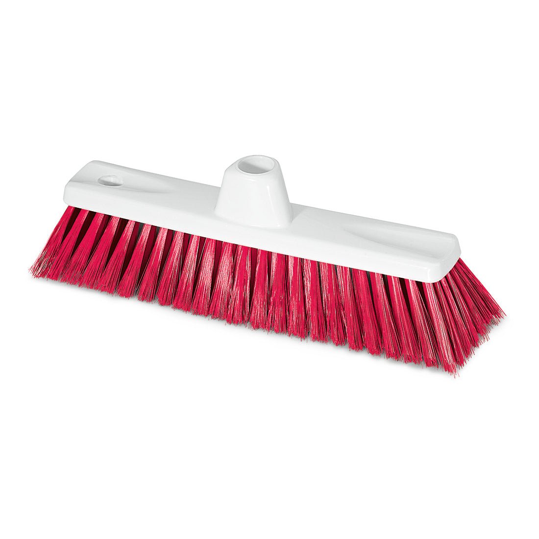 La brosse fine HACCP de 30 cm de Nölle Profi-Bürste de Nölle Profi Brush Bürsten- & Pinseltechnik e.K. a une tête en plastique blanc, des poils raides de 0,50 mm, rouges vifs, inclinés vers l'extérieur, un trou central pour la fixation du manche et un trou de suspension à une extrémité.